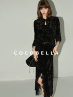 COCOBELLA Slim Stretch Commuter Stand Collar Buttons Women Long Sleeve Black Gold Shirts