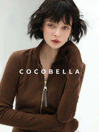 COCOBELLA Slim Zip Up Collared Knit Commuter Long Sleeve Viscose Brown Sweater