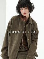 COCOBELLA Slim Zip Up Collared Knit Commuter Long Sleeve Viscose Brown Sweater