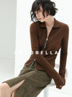 COCOBELLA Slim Zip Up Collared Knit Commuter Long Sleeve Viscose Brown Sweater