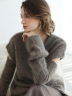 COCOBELLA Soft 100 Percent Wool Commuter Straight Fit Short Sleeve Crew Neck Mink Sweater