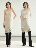 COCOBELLA Soft Acetate Elegant Pleated Lace V Neck Straight H Line City Slip Dresses