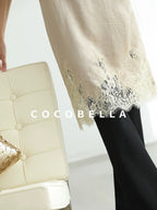 COCOBELLA Soft Acetate Elegant Pleated Lace V Neck Straight H Line City Slip Dresses