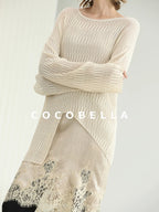 COCOBELLA Soft Acetate Elegant Pleated Lace V Neck Straight H Line City Slip Dresses
