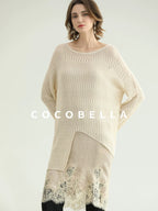COCOBELLA Soft Acetate Elegant Pleated Lace V Neck Straight H Line City Slip Dresses