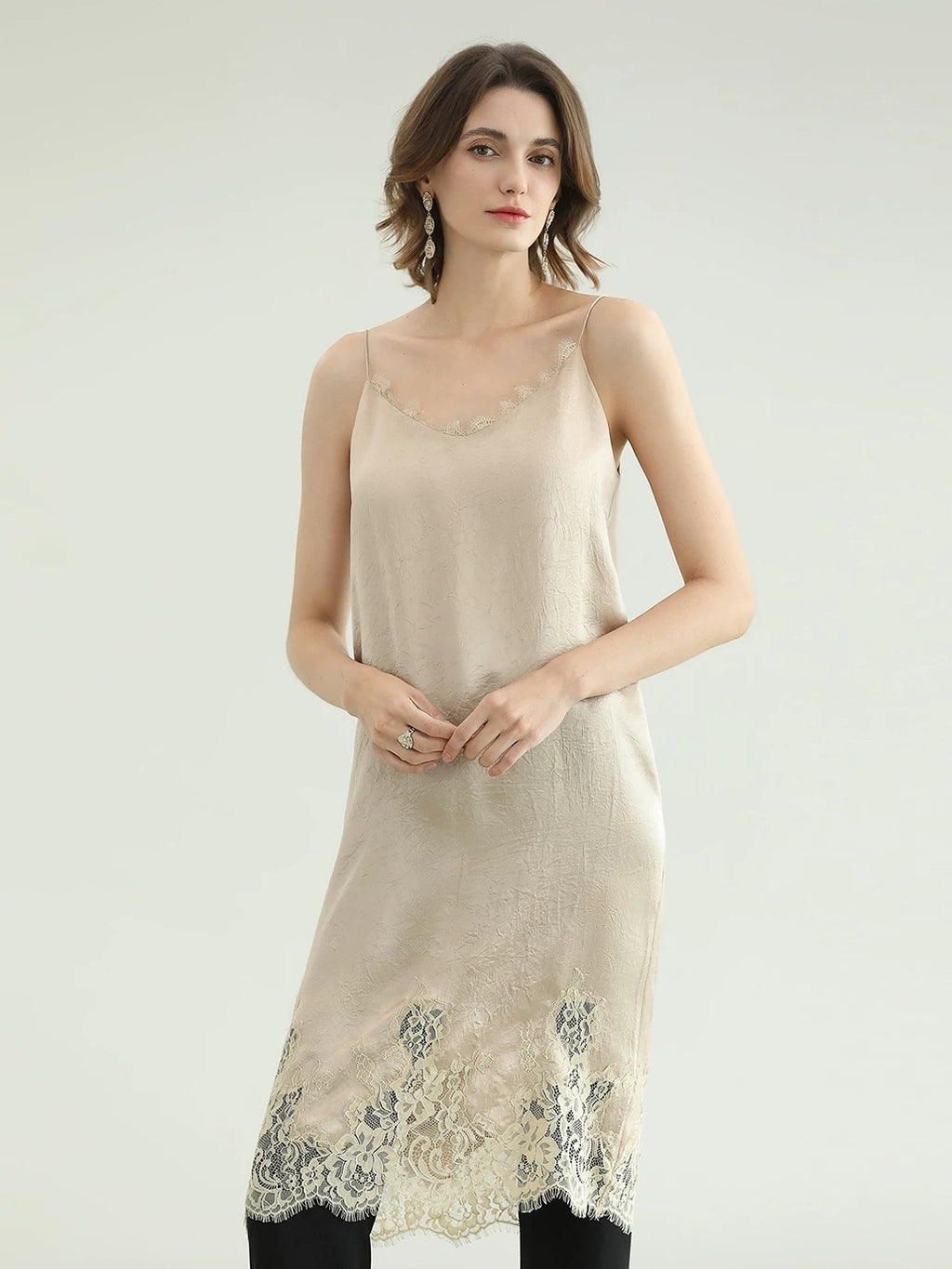 COCOBELLA Soft Acetate Elegant Pleated Lace V Neck Straight H Line City Slip Dresses