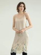 COCOBELLA Soft Acetate Elegant Pleated Lace V Neck Straight H Line City Slip Dresses