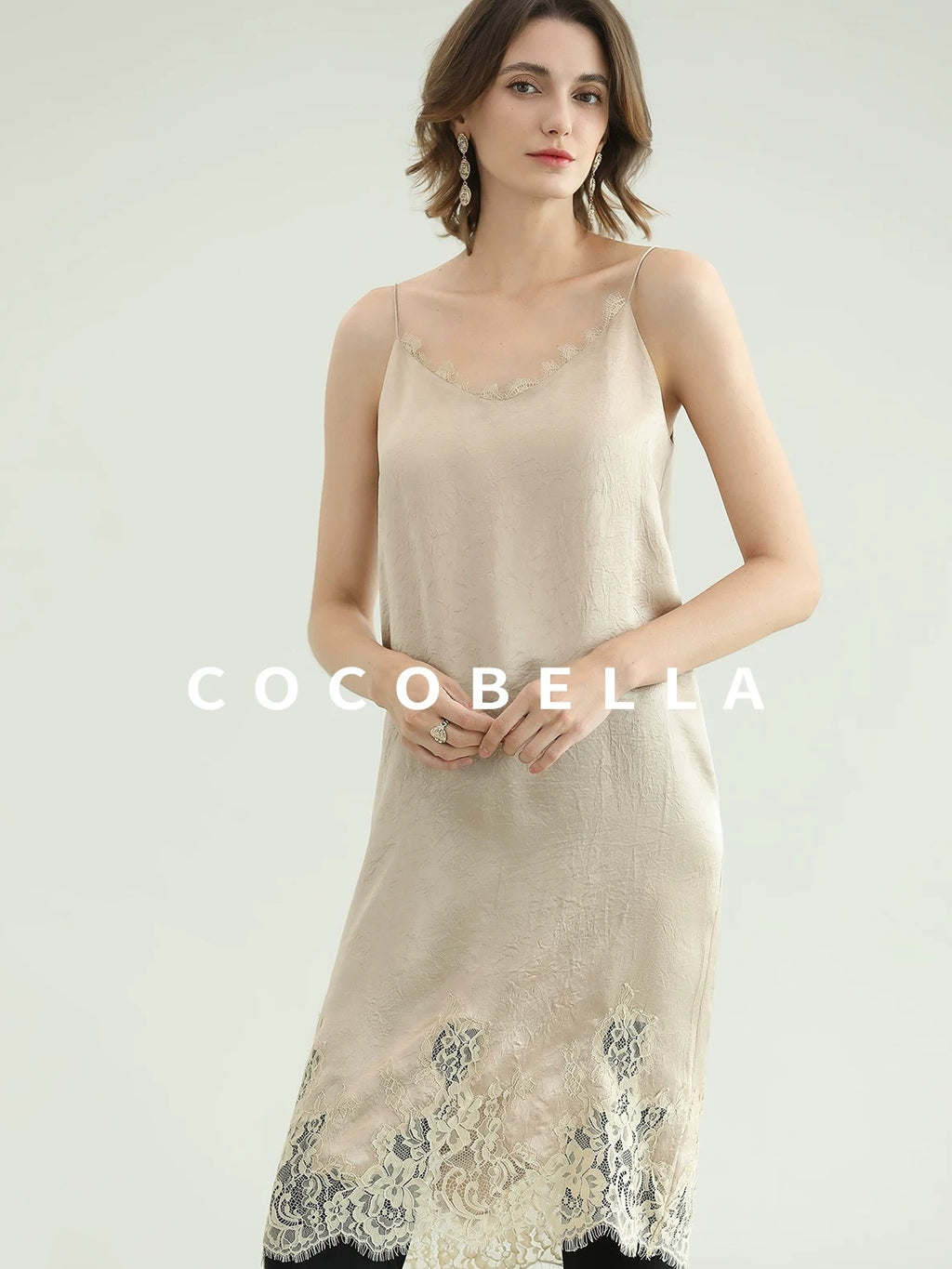 COCOBELLA Soft Acetate Elegant Pleated Lace V Neck Straight H Line City Slip Dresses