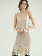 COCOBELLA Soft Acetate Elegant Pleated Lace V Neck Straight H Line City Slip Dresses