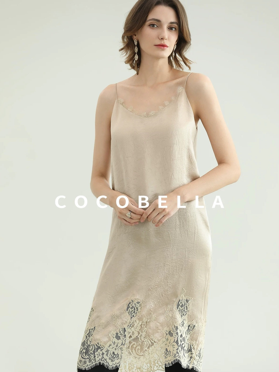 COCOBELLA Soft Acetate Elegant Pleated Lace V Neck Straight H Line City Slip Dresses