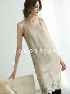 COCOBELLA Soft Acetate Elegant Pleated Lace V Neck Straight H Line City Slip Dresses