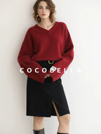 COCOBELLA Soft Acrylic Blend Loose Fit V Neck Womens Office Classic Solid Knit Sweater