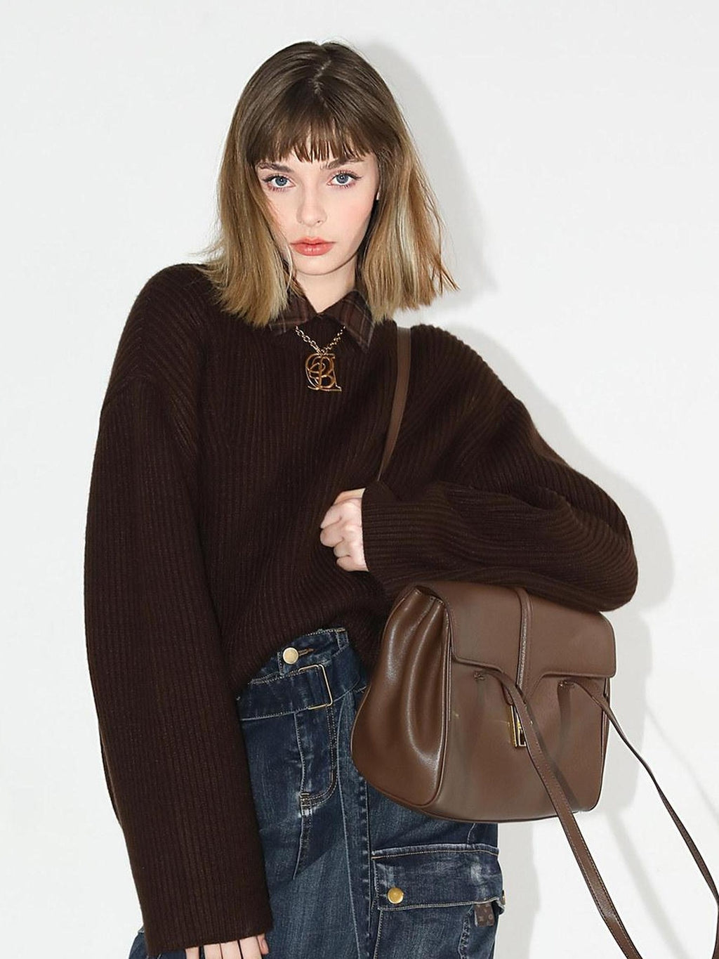 COCOBELLA Soft Acrylic Textured Straight Cut Office Crew Neck Chocolate Brown Sweater