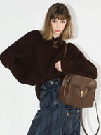 COCOBELLA Soft Acrylic Textured Straight Cut Office Crew Neck Chocolate Brown Sweater