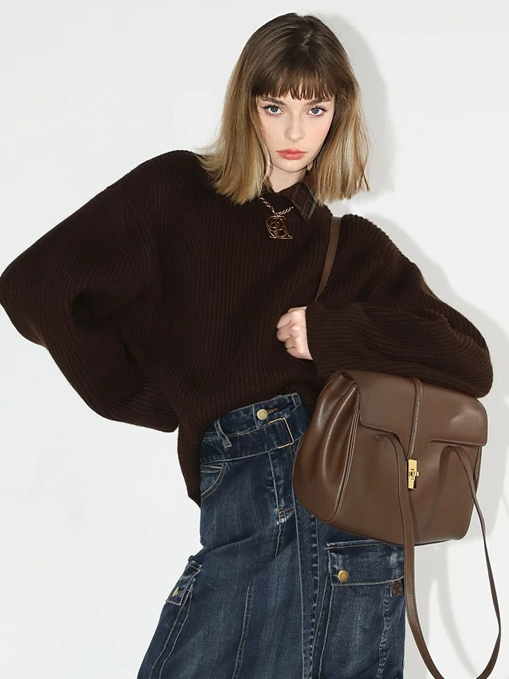 COCOBELLA Soft Acrylic Textured Straight Cut Office Crew Neck Chocolate Brown Sweater