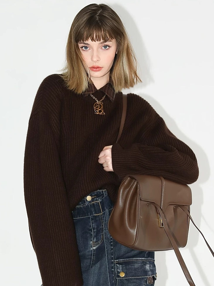 COCOBELLA Soft Acrylic Textured Straight Cut Office Crew Neck Chocolate Brown Sweater