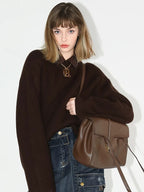 COCOBELLA Soft Acrylic Textured Straight Cut Office Crew Neck Chocolate Brown Sweater