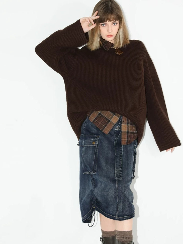 COCOBELLA Soft Acrylic Textured Straight Cut Office Crew Neck Chocolate Brown Sweater