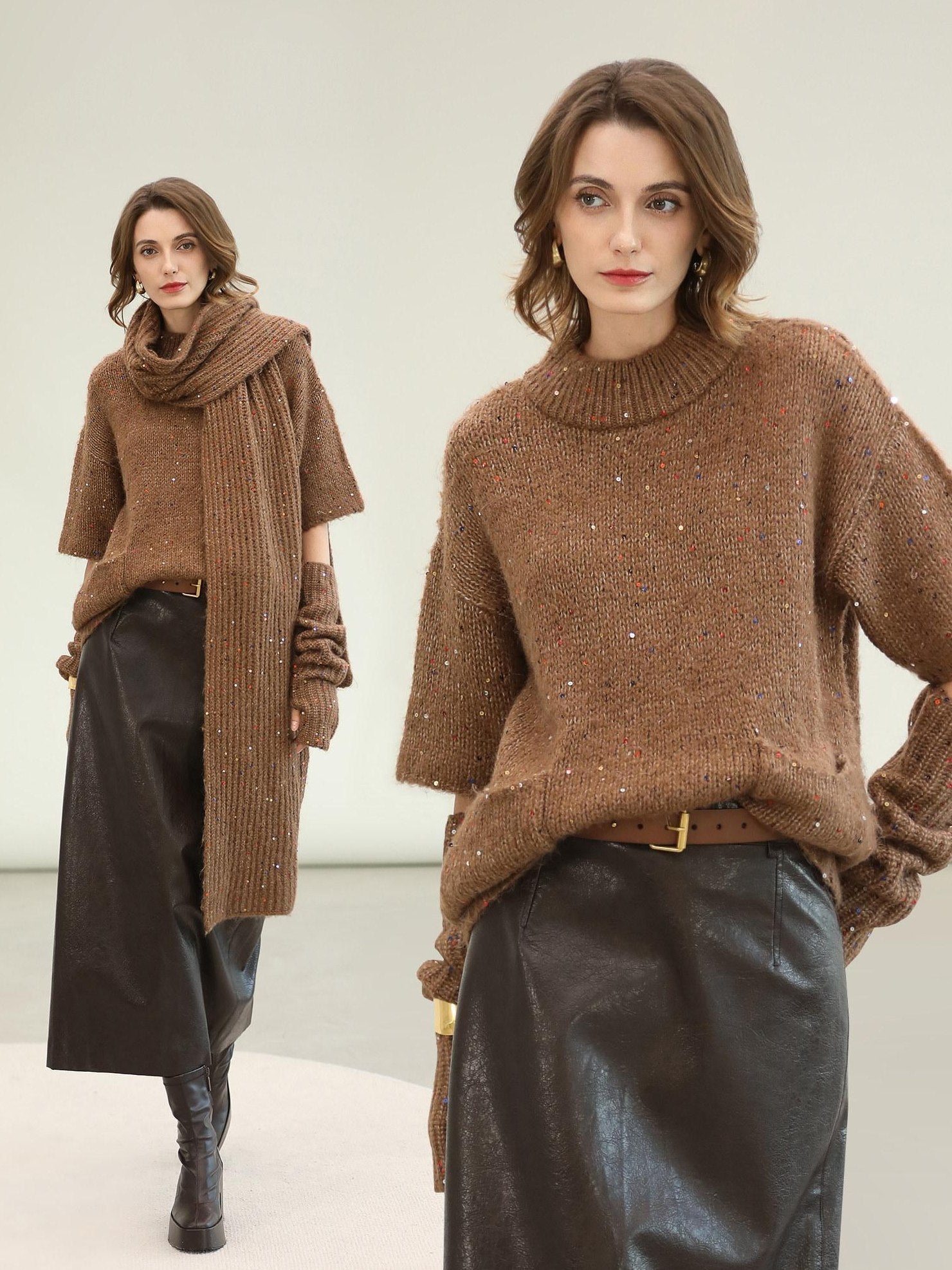 COCOBELLA Soft Alpaca Blend Knit Two Piece Long Sleeve Stand Collar Casual Women Sweater