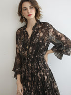 COCOBELLA Soft Chiffon Floral Button Pleated High Waist A Line V Neck Dresses