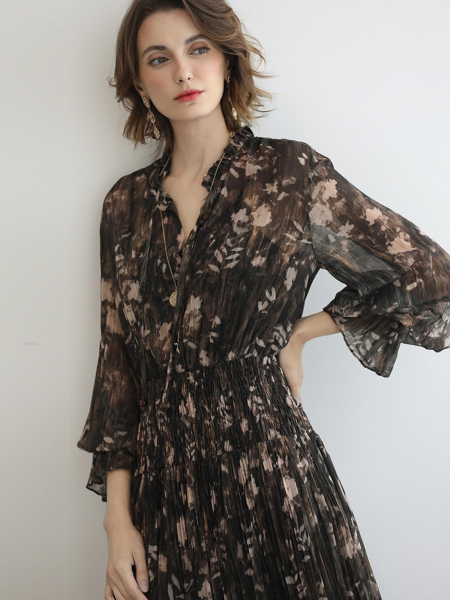 COCOBELLA Soft Chiffon Floral Button Pleated High Waist A Line V Neck Dresses