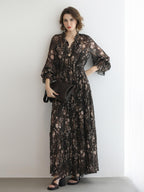 COCOBELLA Soft Chiffon Floral Button Pleated High Waist A Line V Neck Dresses