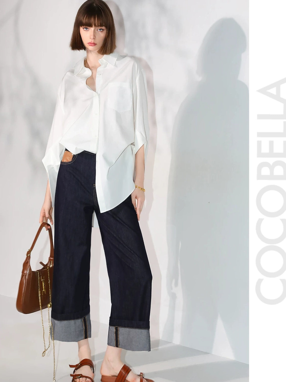 COCOBELLA Soft Cotton Blend Natural Waist Wide Leg Relaxed Fit Dark Indigo Women Pants