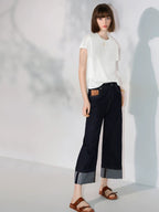 COCOBELLA Soft Cotton Blend Natural Waist Wide Leg Relaxed Fit Dark Indigo Women Pants