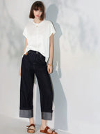 COCOBELLA Soft Cotton Blend Natural Waist Wide Leg Relaxed Fit Dark Indigo Women Pants