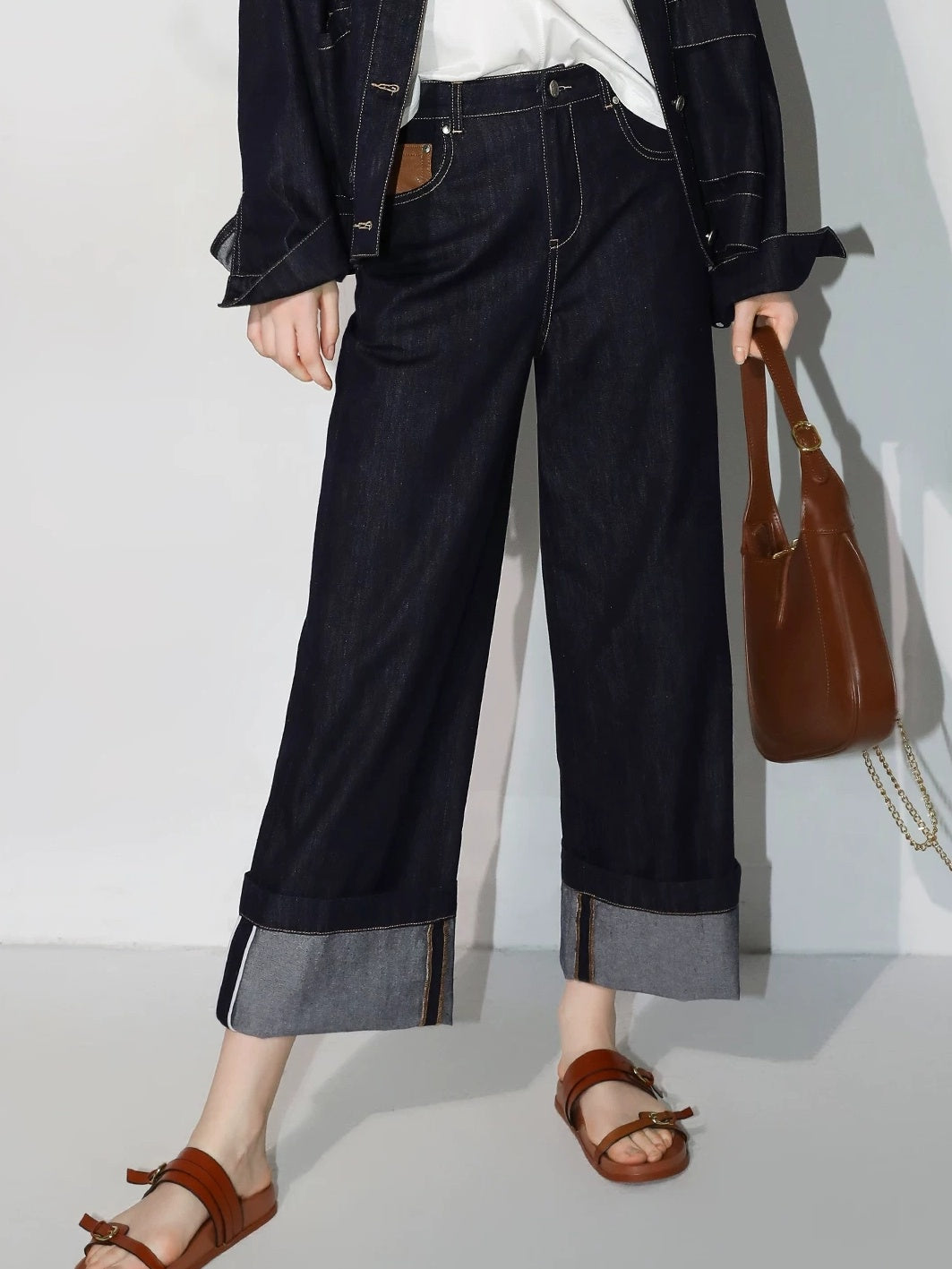 COCOBELLA Soft Cotton Blend Natural Waist Wide Leg Relaxed Fit Dark Indigo Women Pants