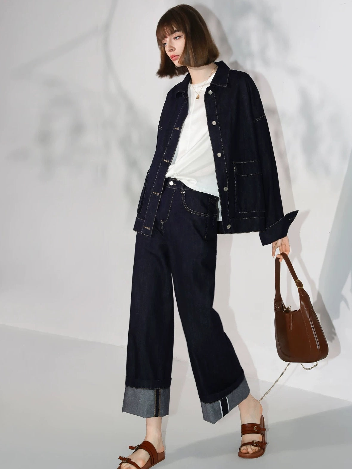 COCOBELLA Soft Cotton Blend Natural Waist Wide Leg Relaxed Fit Dark Indigo Women Pants