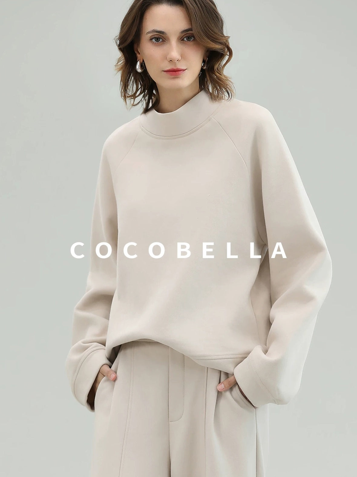 COCOBELLA Soft Cotton Rich Straight Fit Mock Neck Long Sleeve Workwear Knit Sweatshirts
