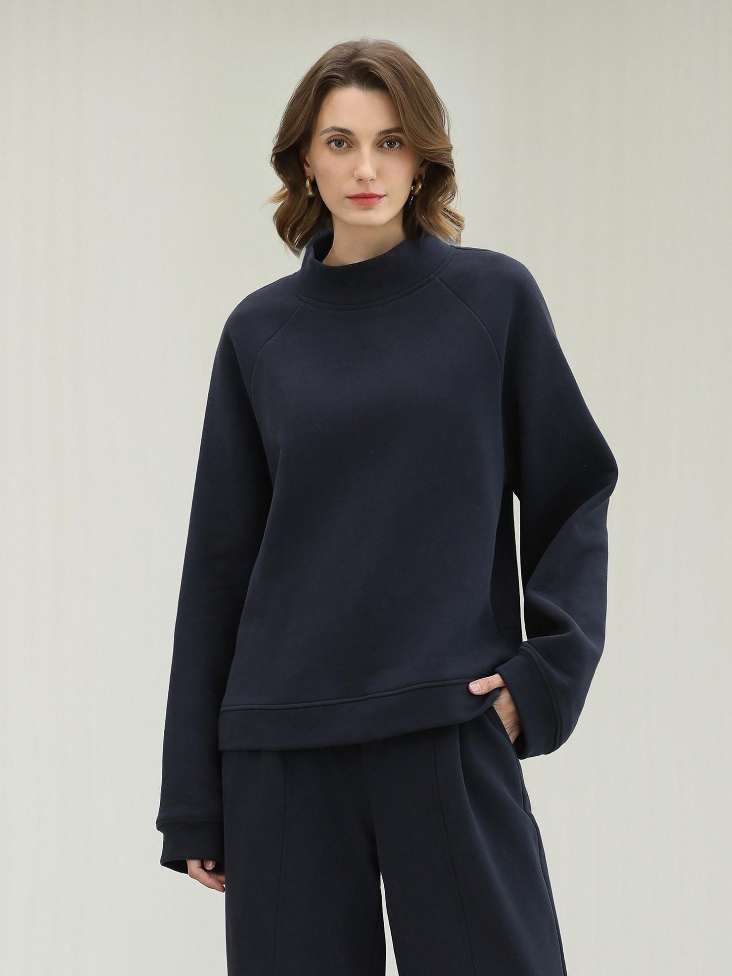 COCOBELLA Soft Cotton Rich Straight Fit Mock Neck Long Sleeve Workwear Knit Sweatshirts