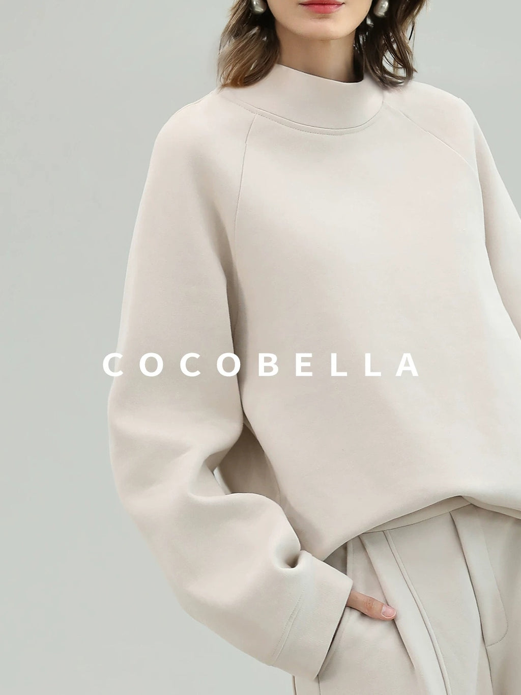 COCOBELLA Soft Cotton Rich Straight Fit Mock Neck Long Sleeve Workwear Knit Sweatshirts