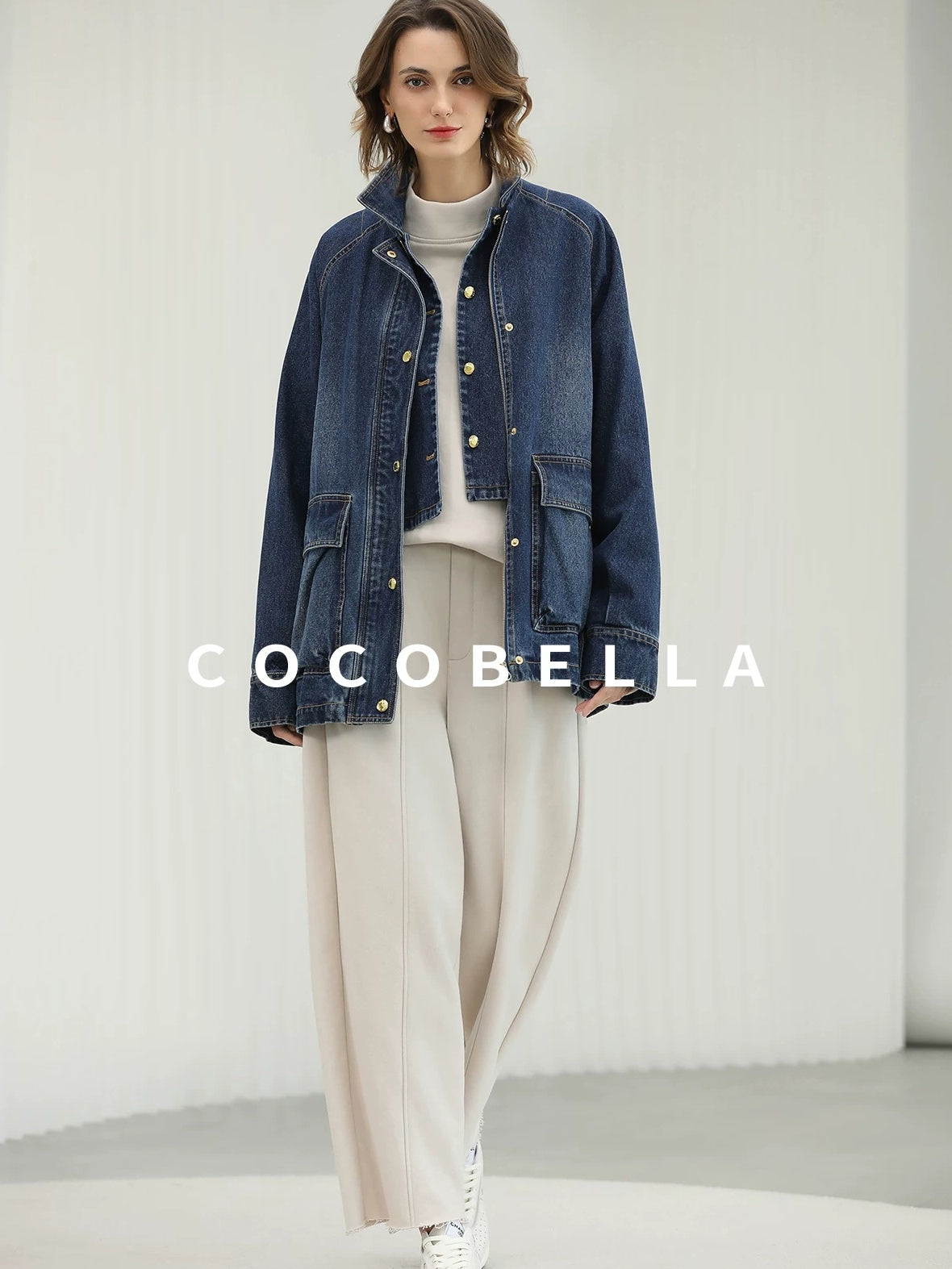 COCOBELLA Soft Cotton Rich Straight Fit Mock Neck Long Sleeve Workwear Knit Sweatshirts