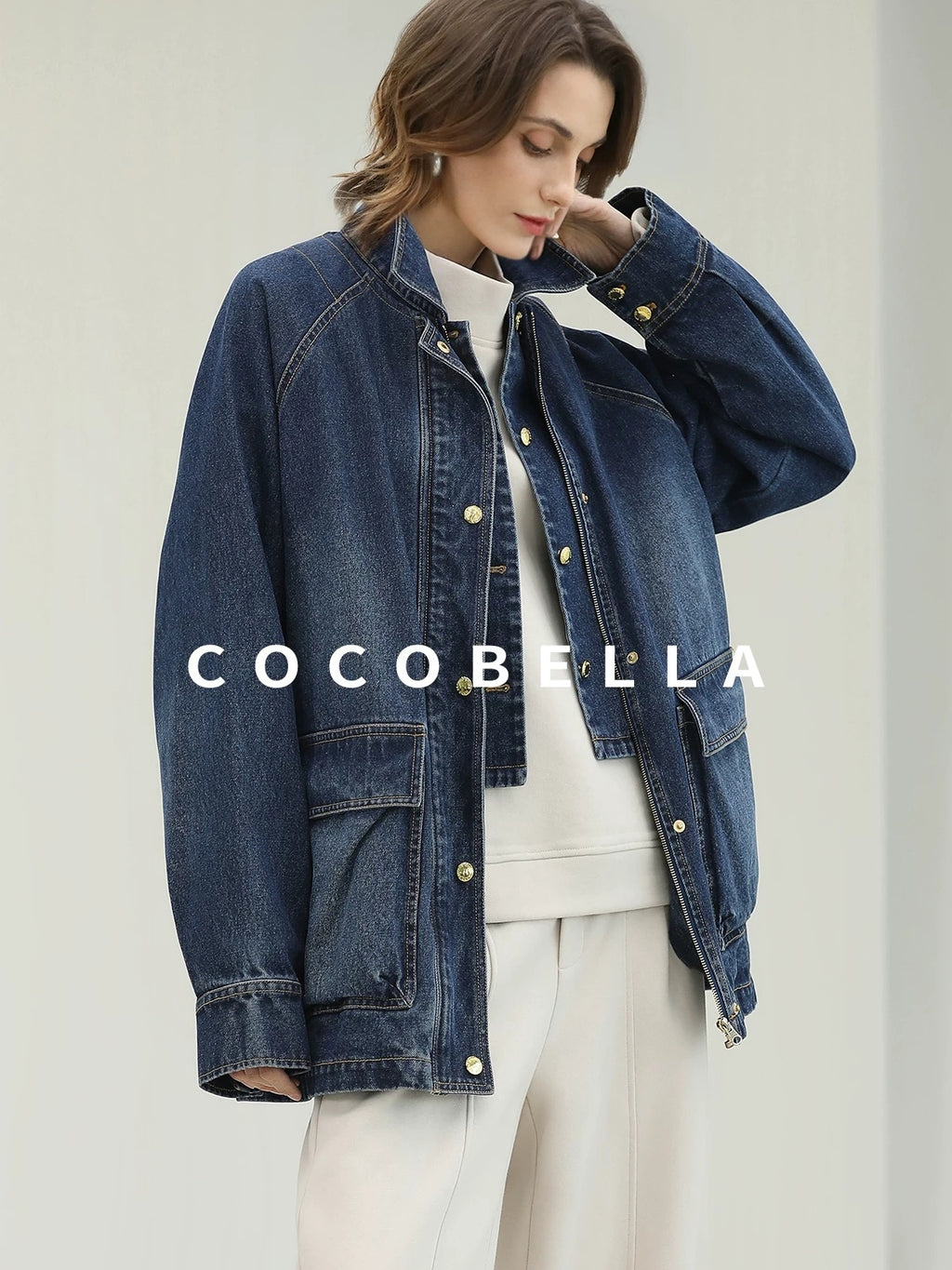 COCOBELLA Soft Cotton Rich Straight Fit Mock Neck Long Sleeve Workwear Knit Sweatshirts