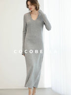 COCOBELLA Soft Elegant V Neck Slim Fit Knitted Long Sleeve Women City Commute Dresses
