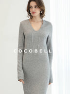 COCOBELLA Soft Elegant V Neck Slim Fit Knitted Long Sleeve Women City Commute Dresses