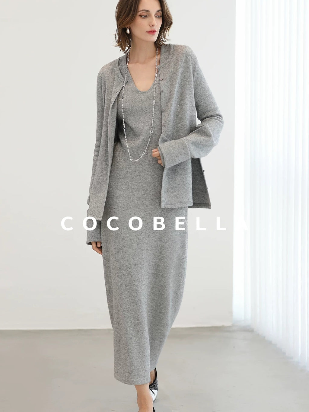 COCOBELLA Soft Elegant V Neck Slim Fit Knitted Long Sleeve Women City Commute Dresses