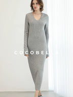 COCOBELLA Soft Elegant V Neck Slim Fit Knitted Long Sleeve Women City Commute Dresses