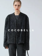 COCOBELLA Soft Faux Fur Cropped Straight Cut Office Alpine Gray Polyester Jackets