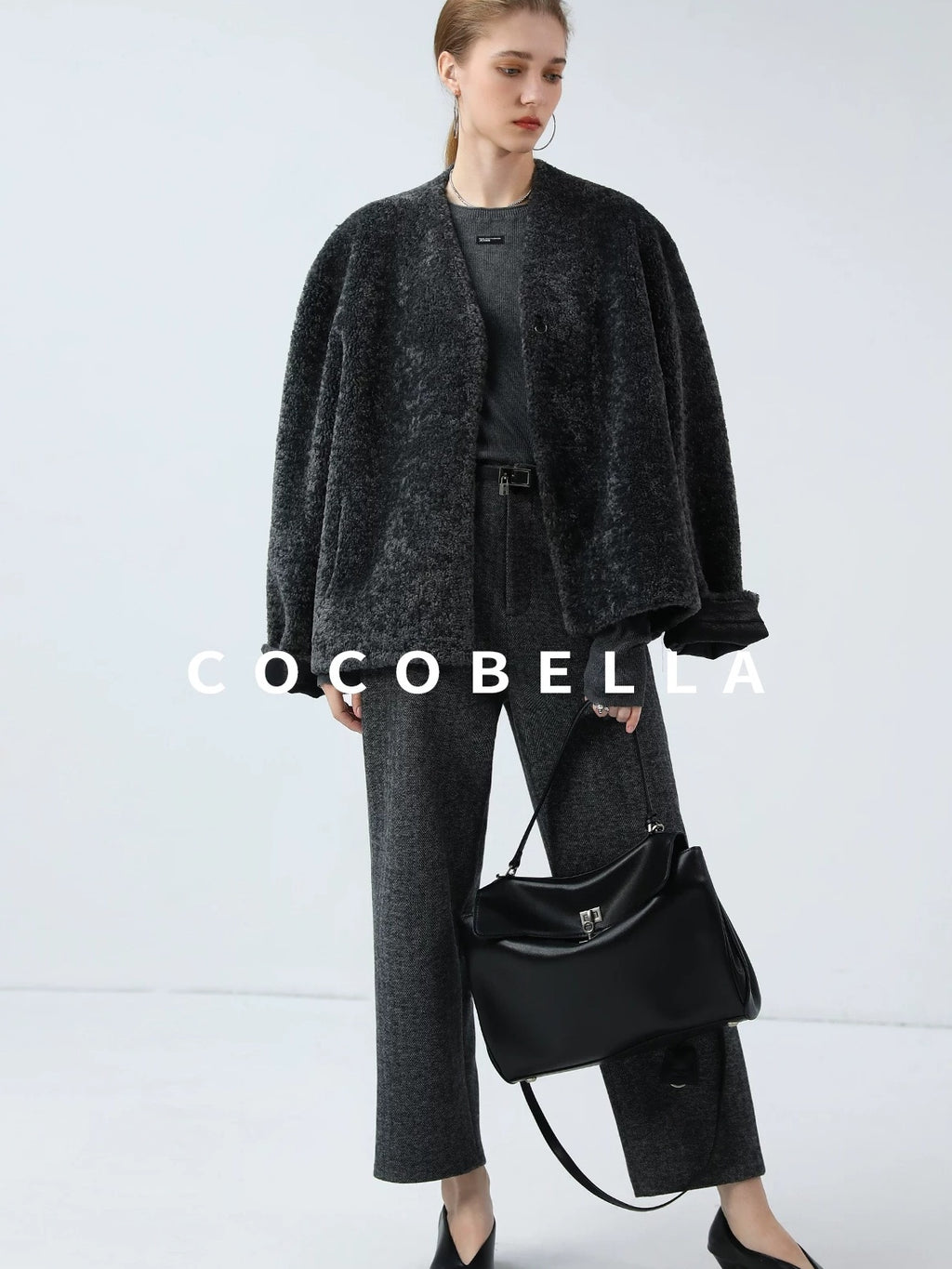 COCOBELLA Soft Faux Fur Cropped Straight Cut Office Alpine Gray Polyester Jackets