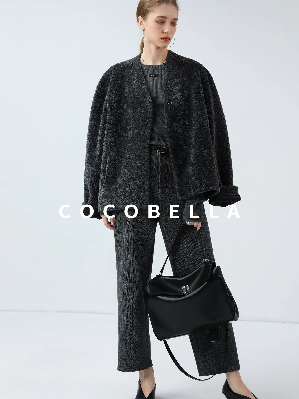 COCOBELLA Soft Faux Fur Cropped Straight Cut Office Alpine Gray Polyester Jackets