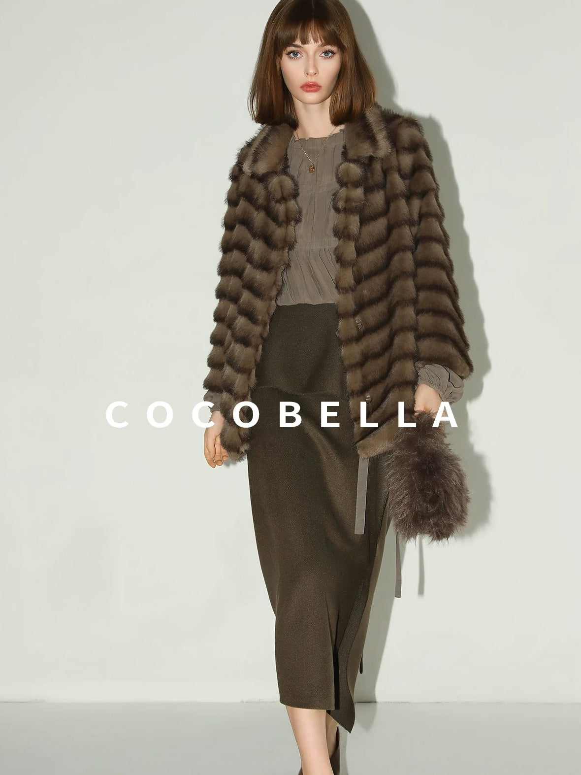COCOBELLA Soft Faux Fur Horizontal Panel Loose Fit Ladylike Womens Pastel Coats