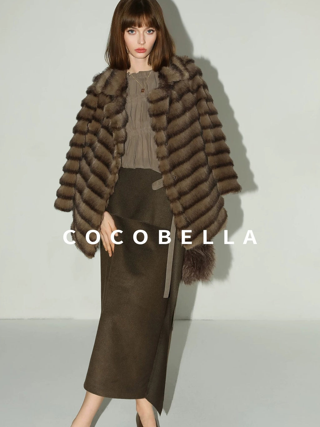 COCOBELLA Soft Faux Fur Horizontal Panel Loose Fit Ladylike Womens Pastel Coats