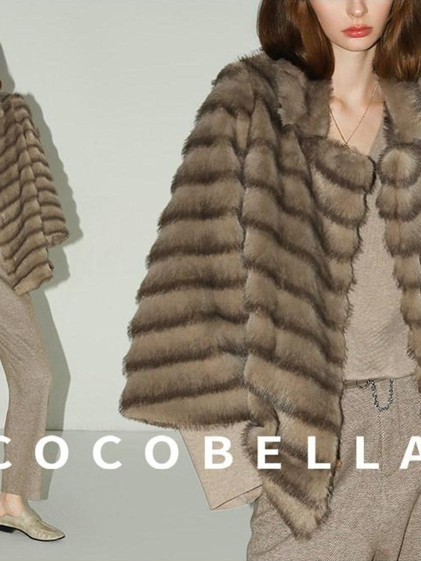 COCOBELLA Soft Faux Fur Horizontal Panel Loose Fit Ladylike Womens Pastel Coats