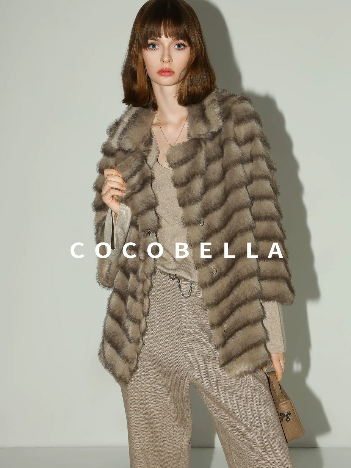 COCOBELLA Soft Faux Fur Horizontal Panel Loose Fit Ladylike Womens Pastel Coats
