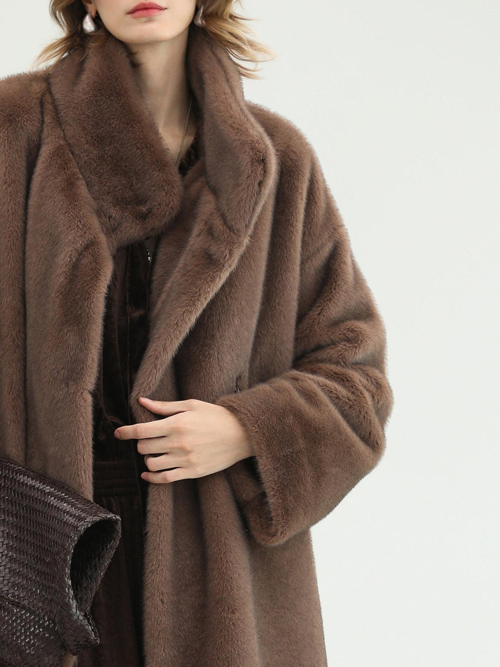 COCOBELLA Soft Faux Fur Long Straight Stand Collar Commuter Women Outerwear Coats