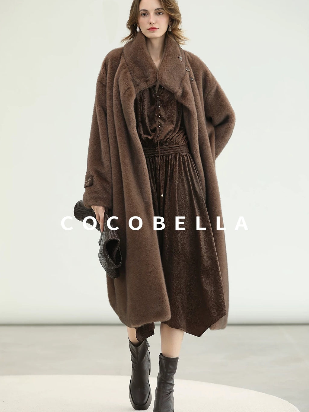 COCOBELLA Soft Faux Fur Long Straight Stand Collar Commuter Women Outerwear Coats