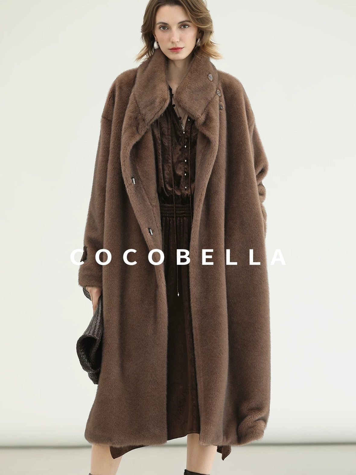 COCOBELLA Soft Faux Fur Long Straight Stand Collar Commuter Women Outerwear Coats